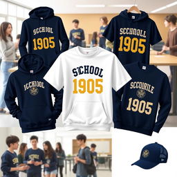 A stylish and trendy line of merchandise for School 1905, featuring hoodies, t-shirts, and caps