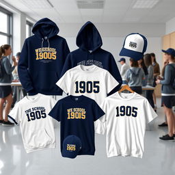 A stylish and trendy line of merchandise for School 1905, featuring hoodies, t-shirts, and caps