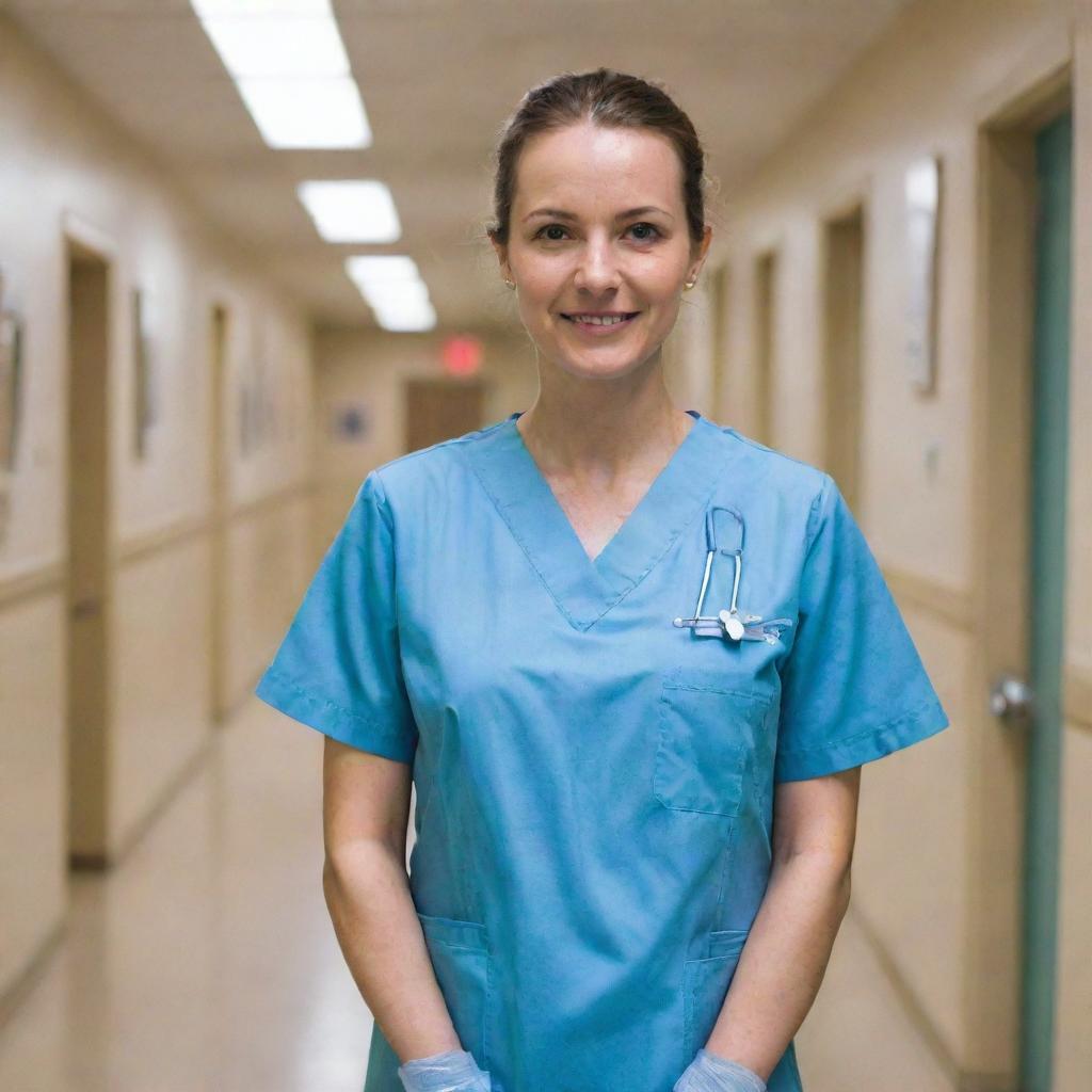 A professional nurse in uniform standing in a hospital hallway, with medical equipment visible in the backgrounds.