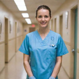 A professional nurse in uniform standing in a hospital hallway, with medical equipment visible in the backgrounds.