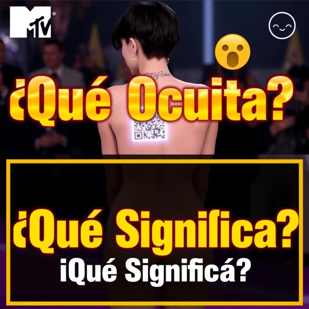 A YouTube thumbnail featuring Katy Perry at the MTV Awards with her back turned, displaying a QR code tattoo on her bare skin