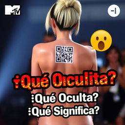 A YouTube thumbnail featuring Katy Perry at the MTV Awards with her back turned, displaying a QR code tattoo on her bare skin