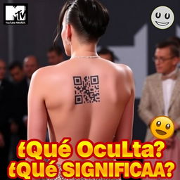 A YouTube thumbnail featuring Katy Perry at the MTV Awards with her back turned, displaying a QR code tattoo on her bare skin