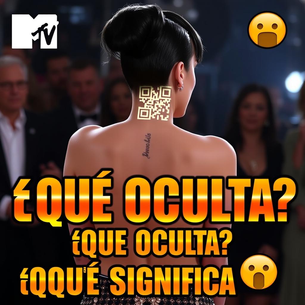 A YouTube thumbnail featuring Katy Perry at the MTV Awards with her back turned, displaying a QR code tattoo on her bare skin