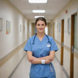 A professional nurse in uniform standing in a hospital hallway, with medical equipment visible in the backgrounds.