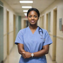 A professional nurse in uniform standing in a hospital hallway, with medical equipment visible in the backgrounds.