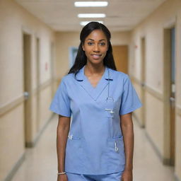 A professional nurse in uniform standing in a hospital hallway, with medical equipment visible in the backgrounds.