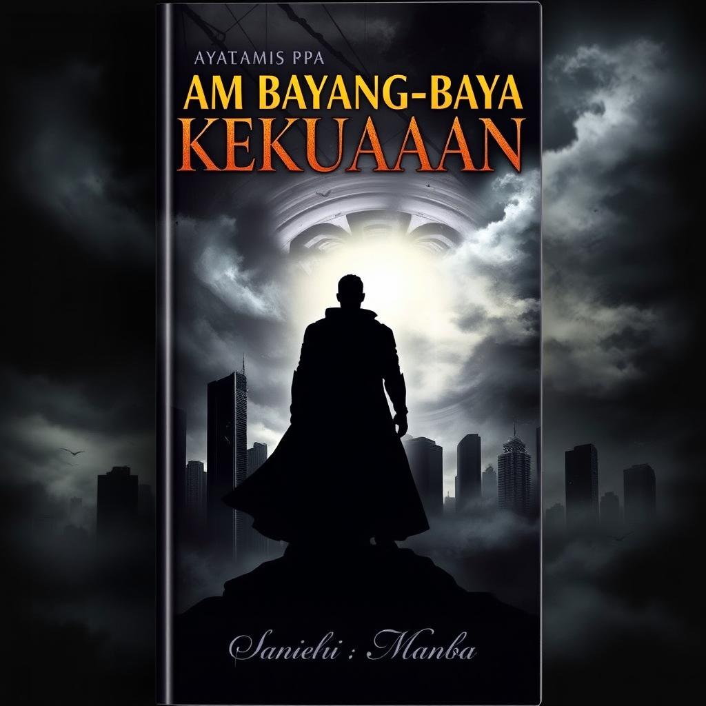 A dramatic and mysterious book cover titled "Dalam Bayang-Bayang Kekuasaan"