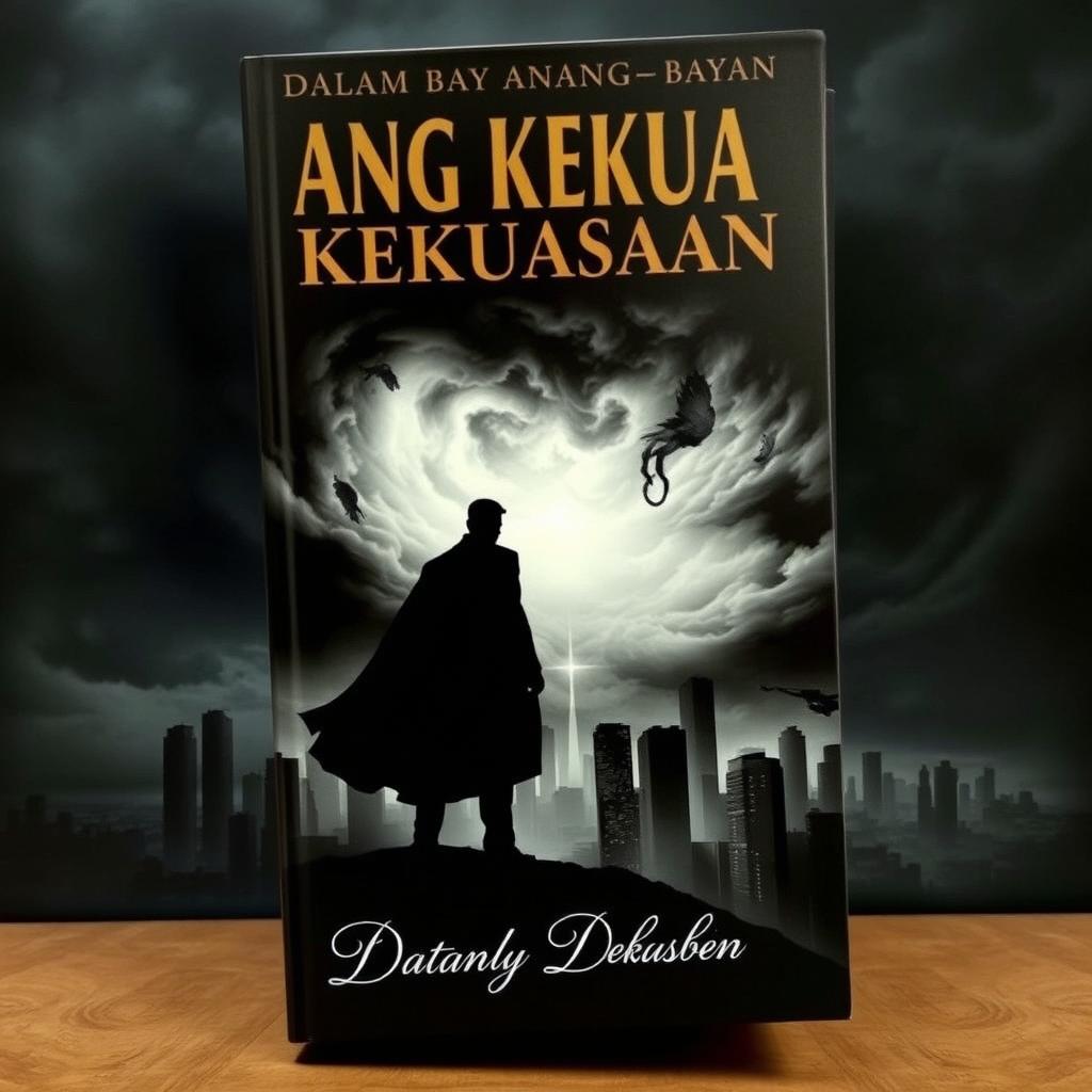 A dramatic and mysterious book cover titled "Dalam Bayang-Bayang Kekuasaan"