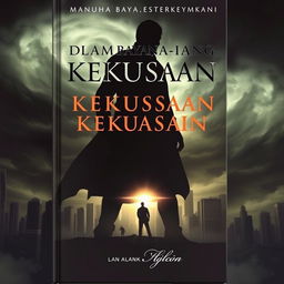 A dramatic and mysterious book cover titled "Dalam Bayang-Bayang Kekuasaan"