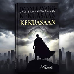 A dramatic and mysterious book cover titled "Dalam Bayang-Bayang Kekuasaan"