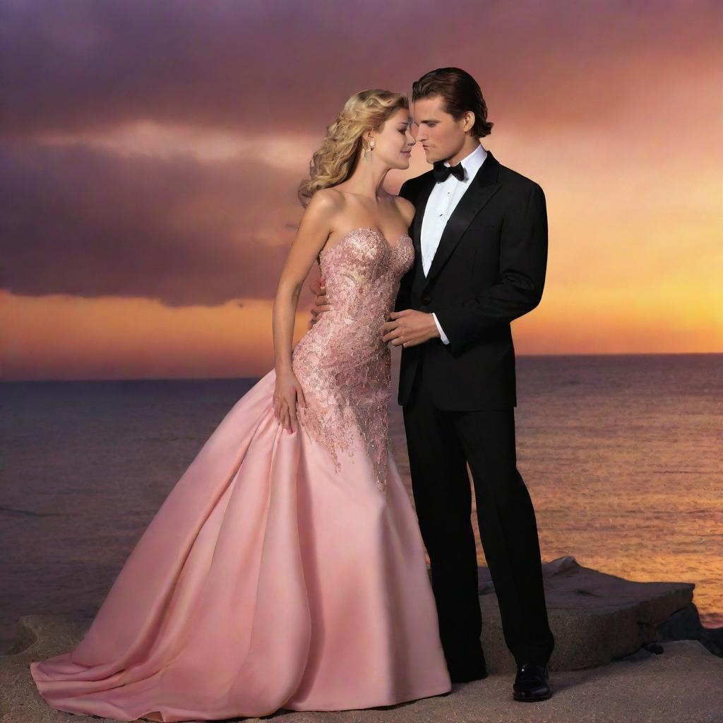 Generate a romance novel cover featuring a man and woman in elegant evening wear, situated against the backdrop of a dramatic sunset by the sea.