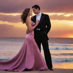 Generate a romance novel cover featuring a man and woman in elegant evening wear, situated against the backdrop of a dramatic sunset by the sea.