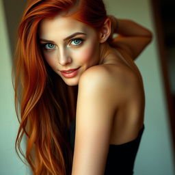 A sexy 22-year-old woman with green eyes and long, fiery red hair, showcasing her slim and alluring body in a confident pose