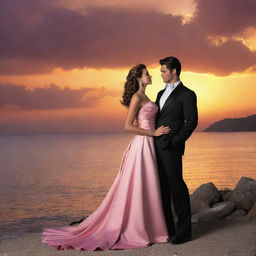 Generate a romance novel cover featuring a man and woman in elegant evening wear, situated against the backdrop of a dramatic sunset by the sea.