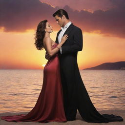 Generate a romance novel cover featuring a man and woman in elegant evening wear, situated against the backdrop of a dramatic sunset by the sea.