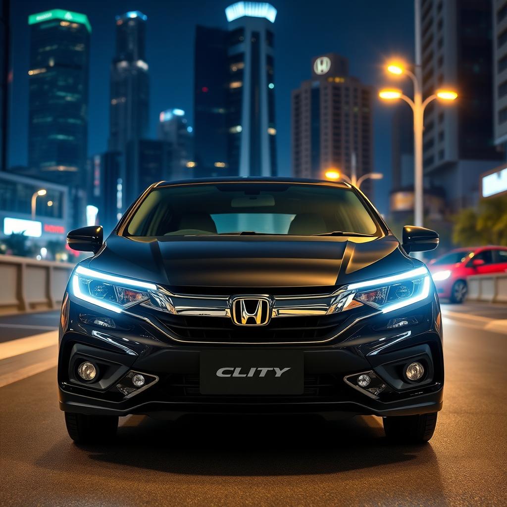 A sleek, black Honda City Gen 4 parked in an urban setting