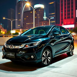 A sleek, black Honda City Gen 4 parked in an urban setting