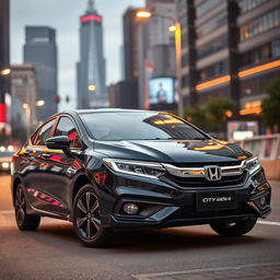 A sleek, black Honda City Gen 4 parked in an urban setting