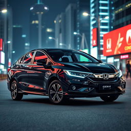 A sleek, black Honda City Gen 4 parked in an urban setting