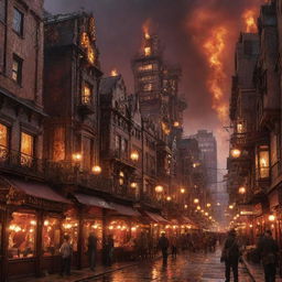 A lively firepunk city pulsating with activity. Buildings forged with molten metal, streets lit by lanterns and fire pits, smithies and artificers working with fire-powered tools, and steam-powered vehicles puffing through the crimson-lit streets, the cityscape flickers and shimmers under a fiery dusky sky.