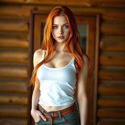 A sexy 22-year-old woman with green eyes and long, fiery red hair, showcasing her slim and alluring body in a full-body shot