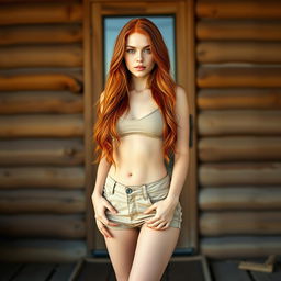 A sexy 22-year-old woman with green eyes and long, fiery red hair, showcasing her slim and alluring body in a full-body shot