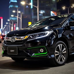 A sleek, black Honda City Gen 4 with distinctive green lining on the bumper, parked in an urban setting