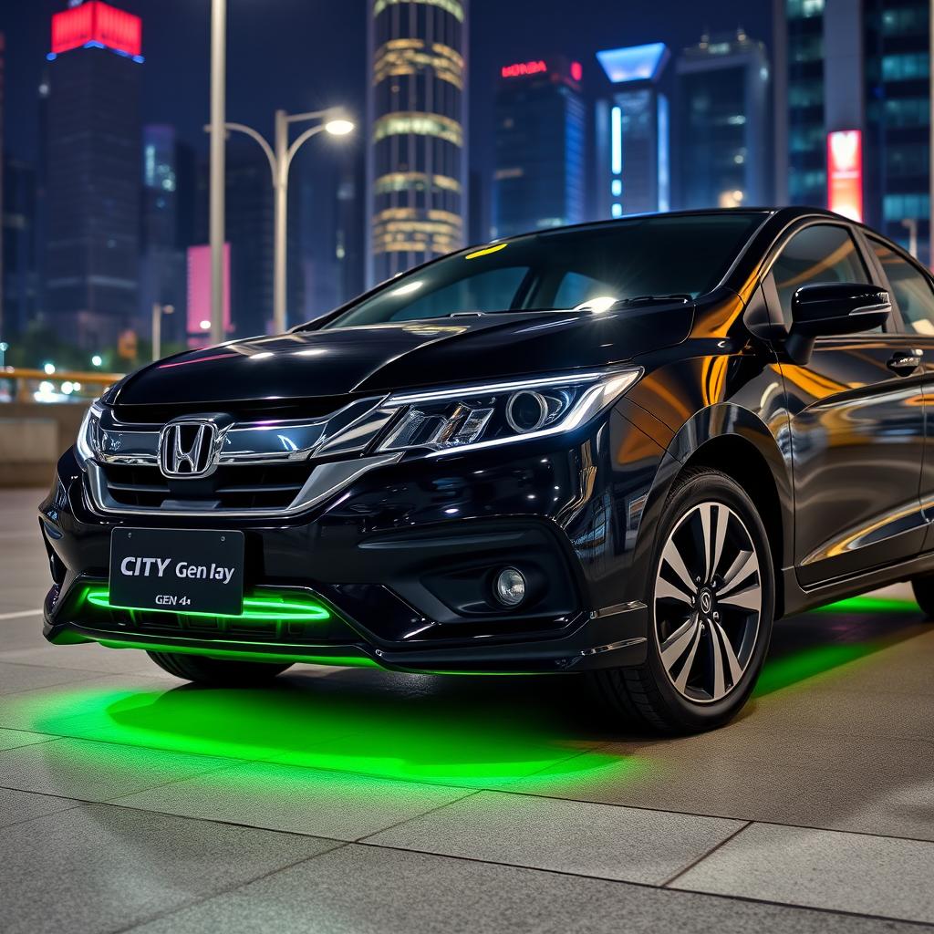 A sleek, black Honda City Gen 4 with distinctive green lining on the bumper, parked in an urban setting