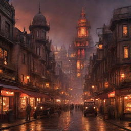 A lively firepunk city pulsating with activity. Buildings forged with molten metal, streets lit by lanterns and fire pits, smithies and artificers working with fire-powered tools, and steam-powered vehicles puffing through the crimson-lit streets, the cityscape flickers and shimmers under a fiery dusky sky.