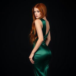 A sexy 22-year-old woman with green eyes and long, fiery red hair stands with her back to the viewer, elegantly displaying her slim and alluring body in a full-body shot