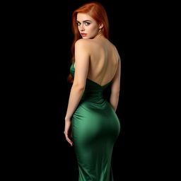 A sexy 22-year-old woman with green eyes and long, fiery red hair stands with her back to the viewer, elegantly displaying her slim and alluring body in a full-body shot