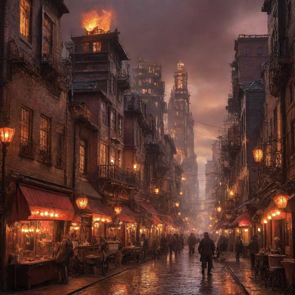 A lively firepunk city pulsating with activity. Buildings forged with molten metal, streets lit by lanterns and fire pits, smithies and artificers working with fire-powered tools, and steam-powered vehicles puffing through the crimson-lit streets, the cityscape flickers and shimmers under a fiery dusky sky.