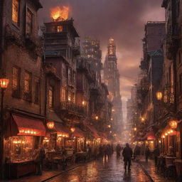 A lively firepunk city pulsating with activity. Buildings forged with molten metal, streets lit by lanterns and fire pits, smithies and artificers working with fire-powered tools, and steam-powered vehicles puffing through the crimson-lit streets, the cityscape flickers and shimmers under a fiery dusky sky.