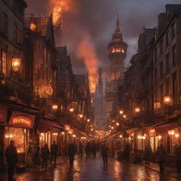 A lively firepunk city pulsating with activity. Buildings forged with molten metal, streets lit by lanterns and fire pits, smithies and artificers working with fire-powered tools, and steam-powered vehicles puffing through the crimson-lit streets, the cityscape flickers and shimmers under a fiery dusky sky.