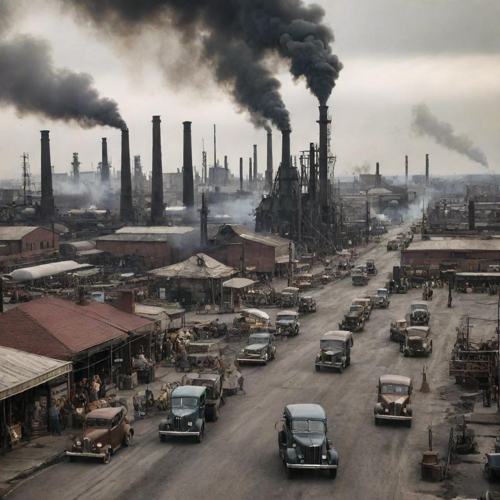 A busy oilpunk city, with massive oil derricks breaking the skyline, refineries dotting the landscape, pipes and pumping stations crisscrossing the avenues. Steam and smoke rise from factories, vintage cars roll on the asphalt, and workers in rugged attire bustle amidst the city's oily sheen.