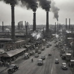 A busy oilpunk city, with massive oil derricks breaking the skyline, refineries dotting the landscape, pipes and pumping stations crisscrossing the avenues. Steam and smoke rise from factories, vintage cars roll on the asphalt, and workers in rugged attire bustle amidst the city's oily sheen.