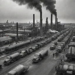 A busy oilpunk city, with massive oil derricks breaking the skyline, refineries dotting the landscape, pipes and pumping stations crisscrossing the avenues. Steam and smoke rise from factories, vintage cars roll on the asphalt, and workers in rugged attire bustle amidst the city's oily sheen.