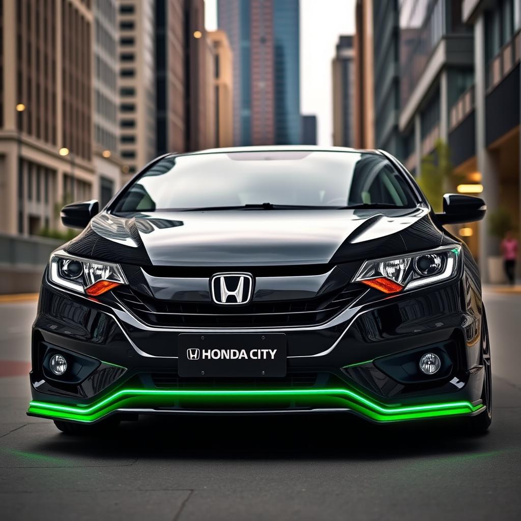 A black Honda City with a distinctive green lining on the bumper just below the headlights