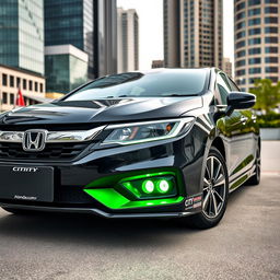 A black Honda City with a distinctive green lining on the bumper just below the headlights