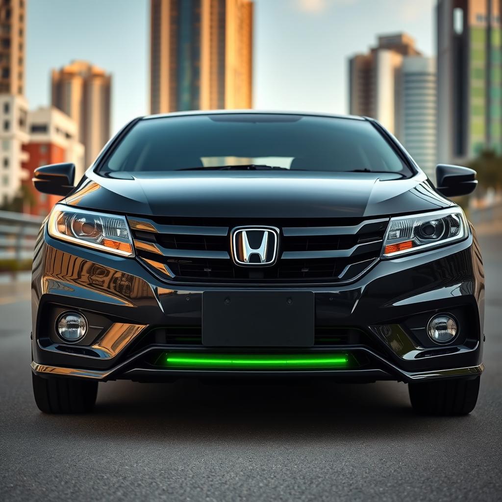 A black Honda City with a distinctive green lining on the bumper just below the headlights