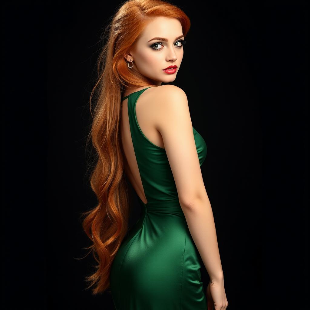 A sexy 22-year-old woman with captivating green eyes and long, fiery red hair stands with her back to the viewer, elegantly showcasing her slim and alluring figure in a full-body shot