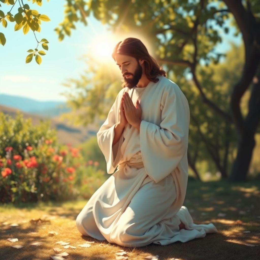 A serene and divine portrayal of Jesus Christ in prayer, kneeling in a peaceful garden with a gentle light illuminating his face, creating a halo effect