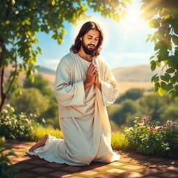 A serene and divine portrayal of Jesus Christ in prayer, kneeling in a peaceful garden with a gentle light illuminating his face, creating a halo effect