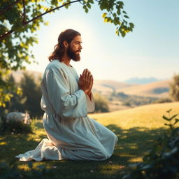 A serene and divine portrayal of Jesus Christ in prayer, kneeling in a peaceful garden with a gentle light illuminating his face, creating a halo effect