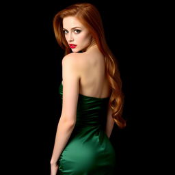 A sexy 22-year-old woman with captivating green eyes and long, fiery red hair stands with her back to the viewer, elegantly highlighting her slim and alluring physique in a full-body shot