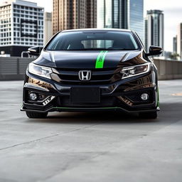 A black Honda City with green detailing, including green lines on the bumper below the headlights and two green stripes running along the bonnet