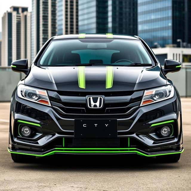 A black Honda City with green detailing, including green lines on the bumper below the headlights and two green stripes running along the bonnet