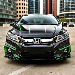 A black Honda City with green detailing, including green lines on the bumper below the headlights and two green stripes running along the bonnet