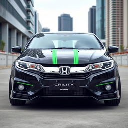 A black Honda City with green detailing, including green lines on the bumper below the headlights and two green stripes running along the bonnet